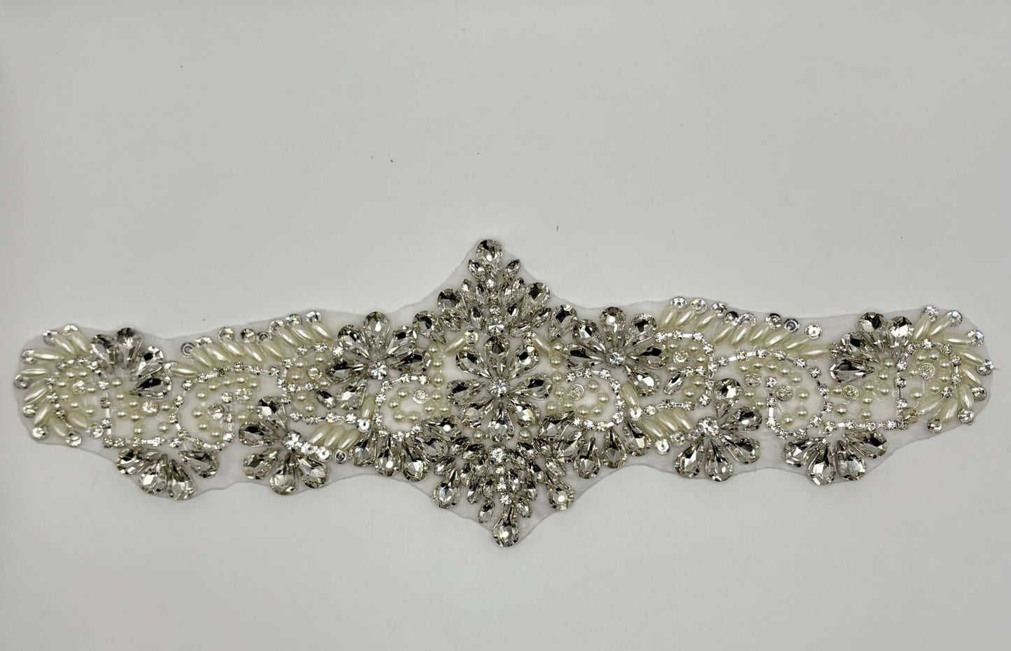 London Rhinestone and Pearl Applique, Bridal Belt accent, handmade design, 11.5 inches.