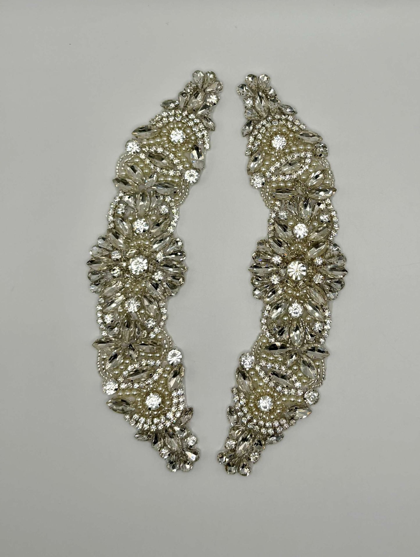 Handmade Lizzy curved rhinestone pair with pearls and opals, 8 inches long.