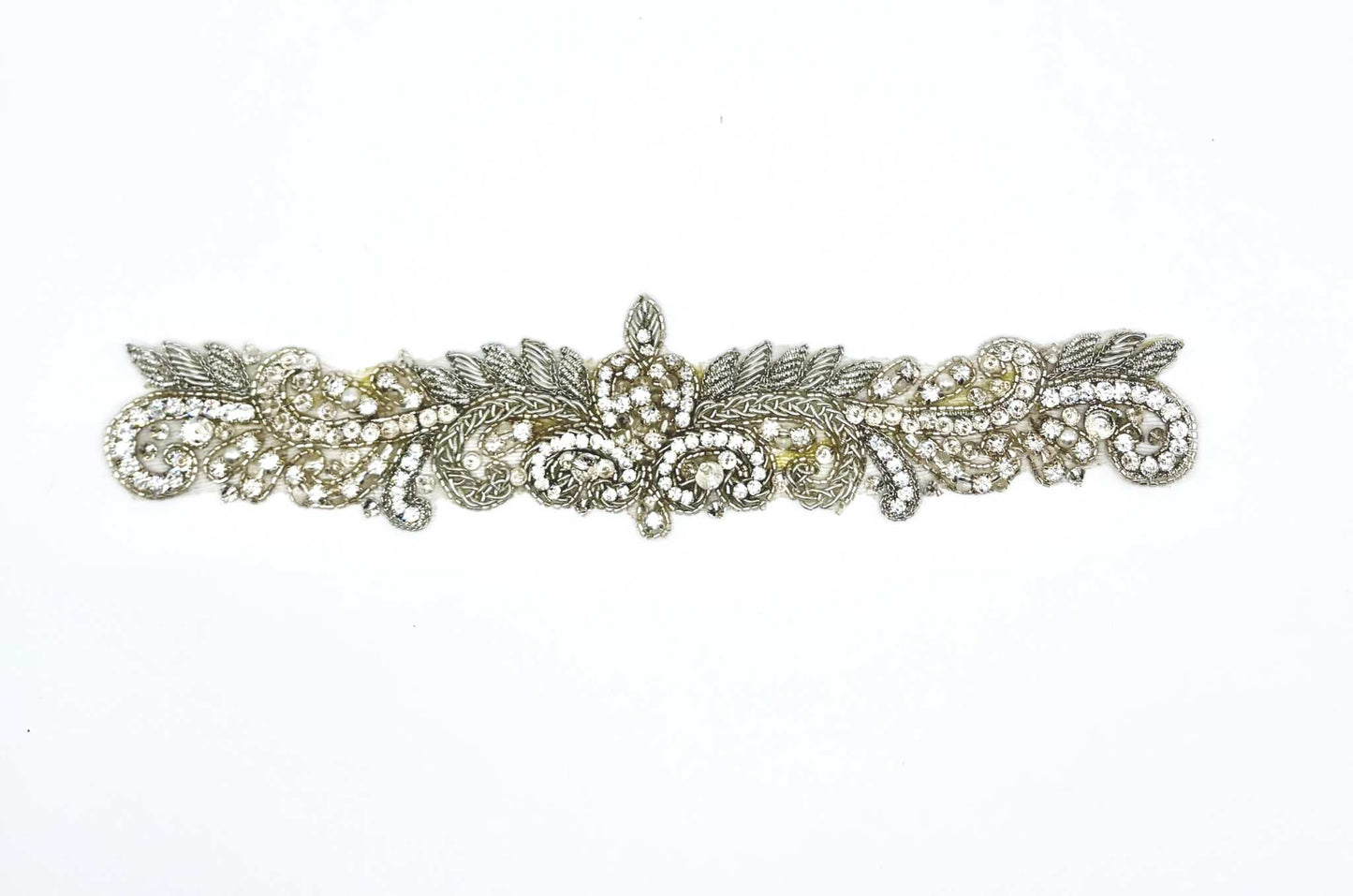 Handmade "La France Motif" rhinestone with silver bouillon thread accent, approximately 9 inches in length.
