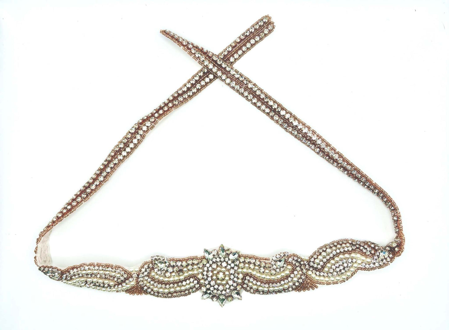 "Little Miss" Rhinestone and Pearl Bridal Belt, 32-inch handmade design.