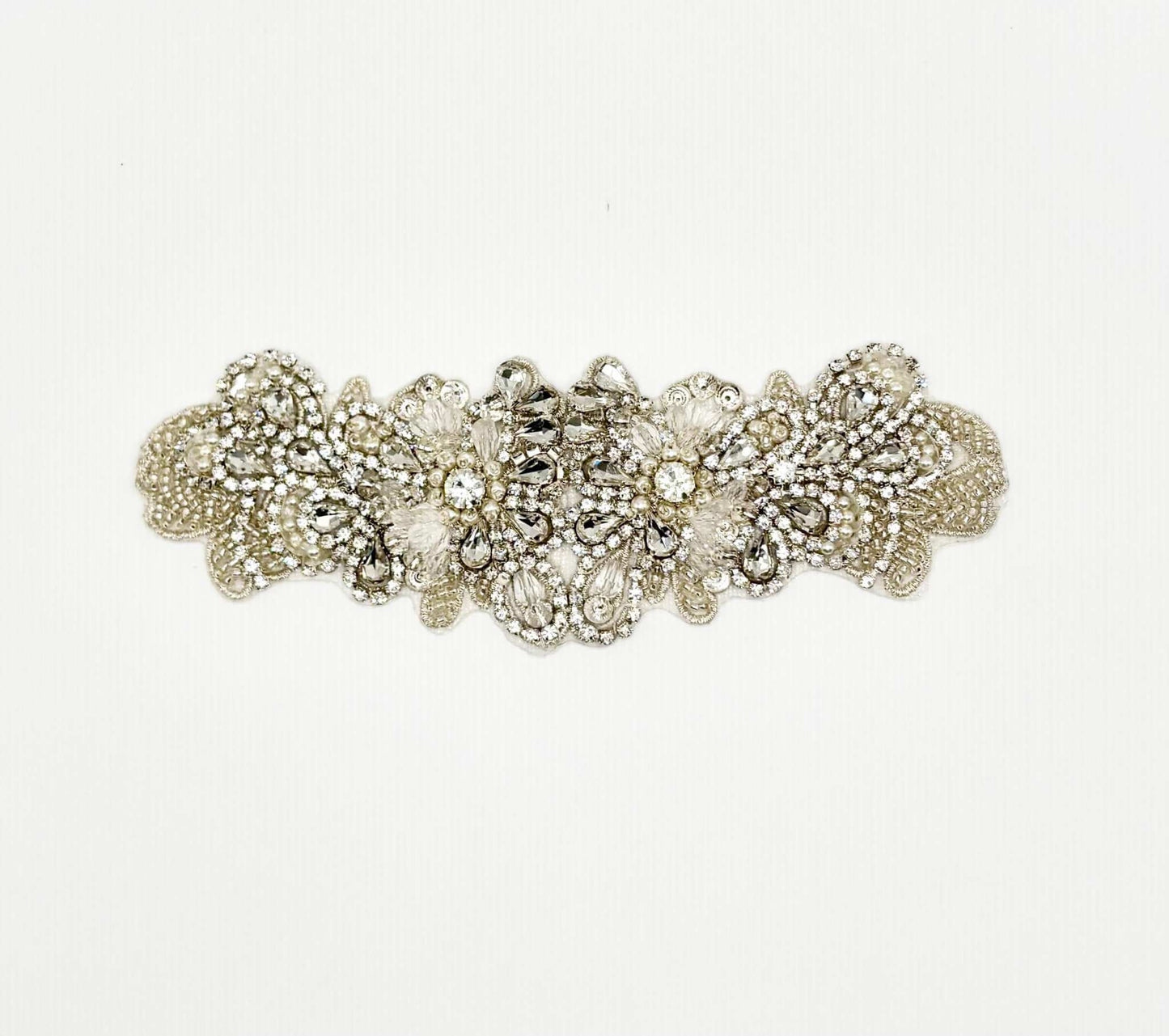 Petite Lady Di bridal belt with rhinestones, pearls, and glass beads.