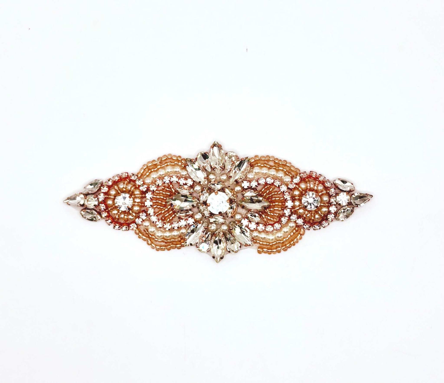 Handmade "Petite Pearl" rhinestone and pearl bridal belt accent, approximately 16 inches.