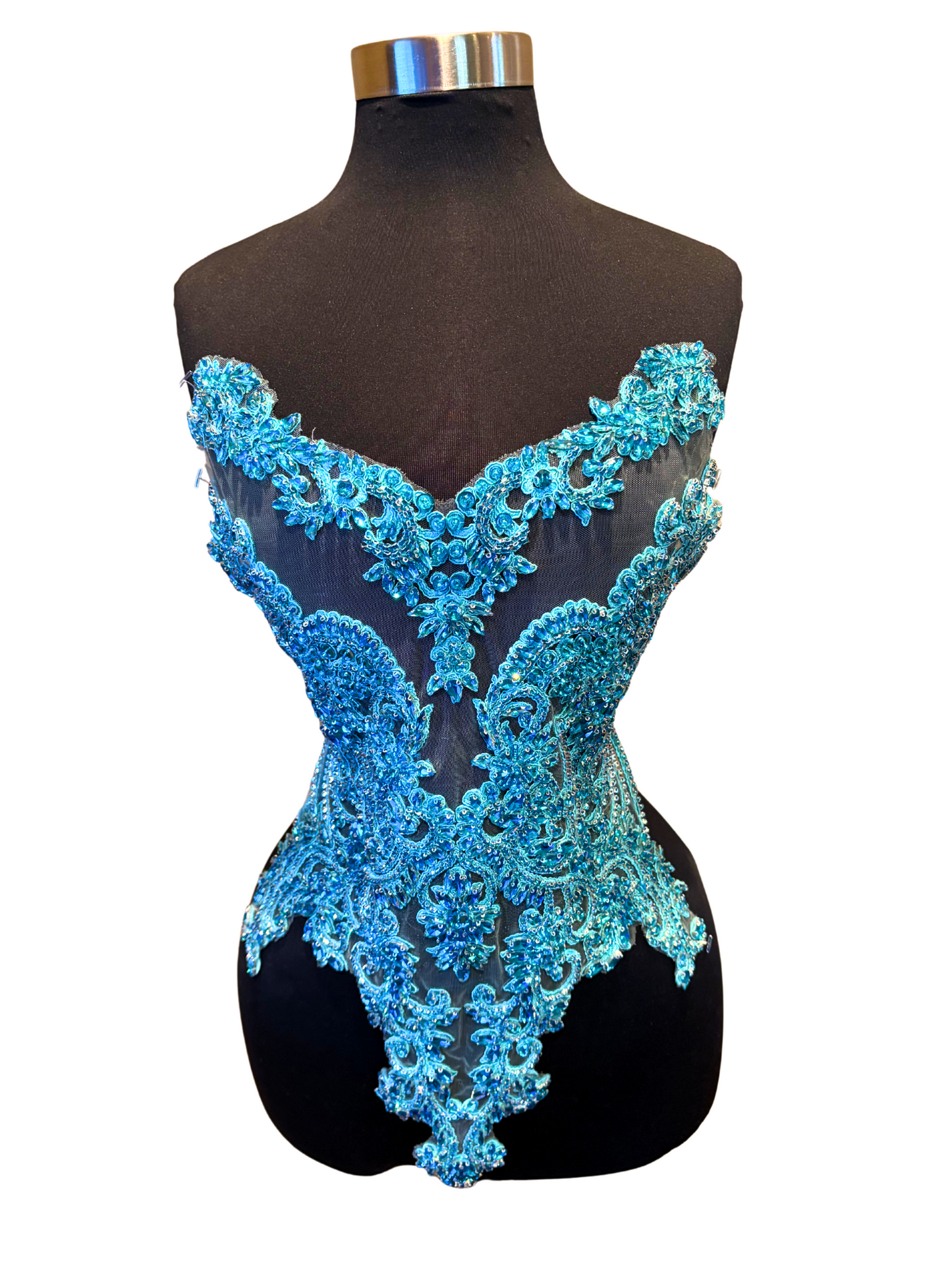 Aqua Handmade rhinestone bodice applique with high-quality rhinestones and beads.