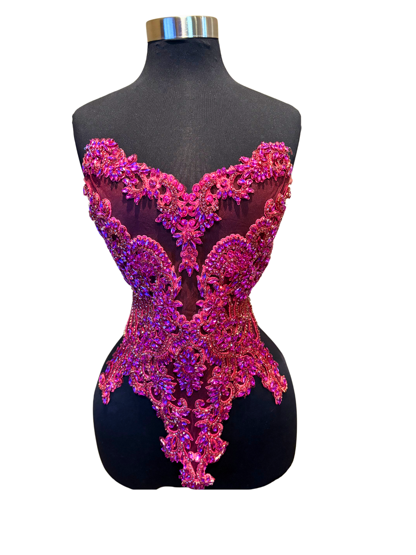 Fushia Handmade Rhinestone Bodice Applique with Beadwork on Display Mannequin