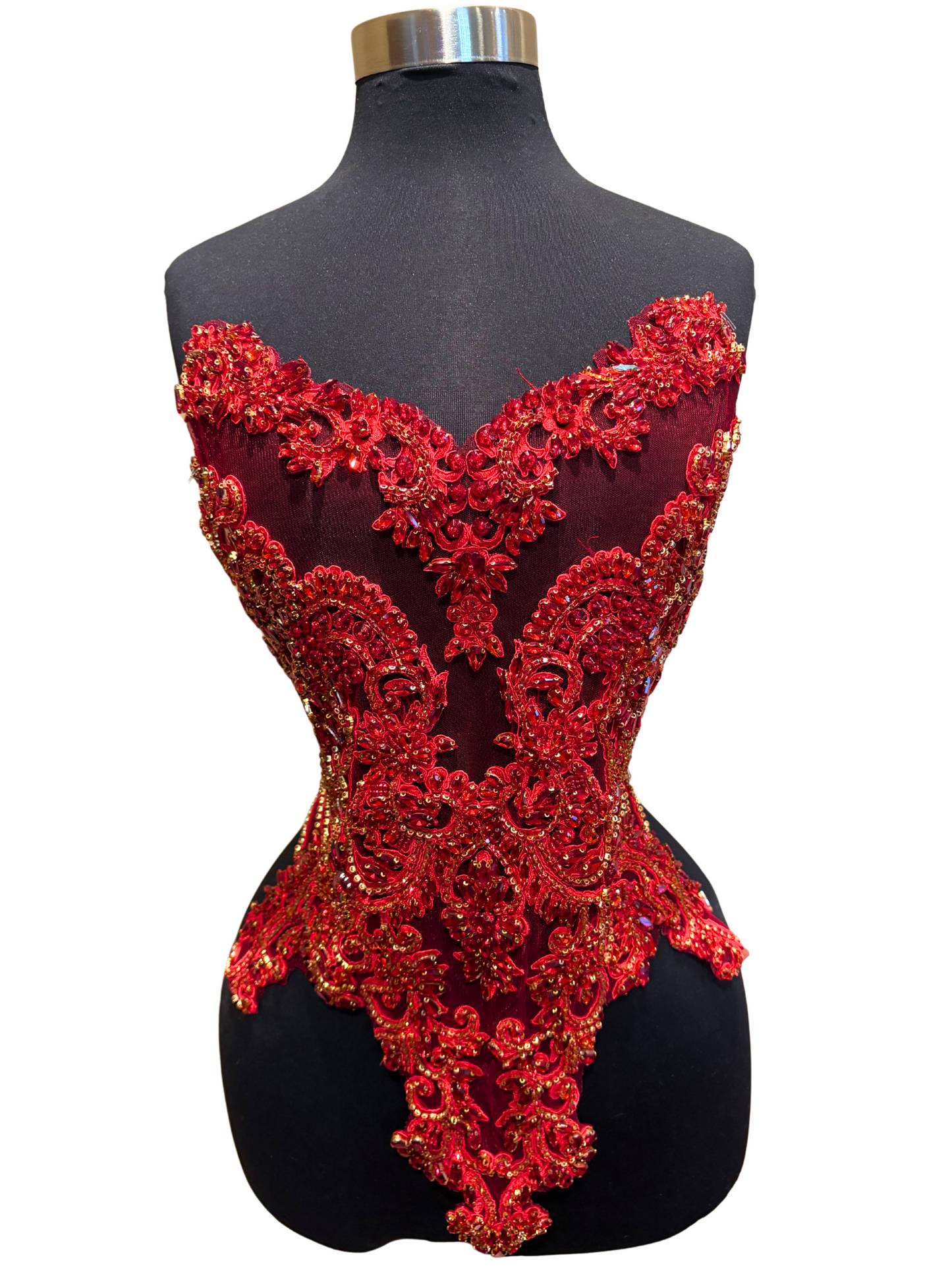 Red Rhinestone bodice applique with high-quality rhinestones and beads on display mannequin.