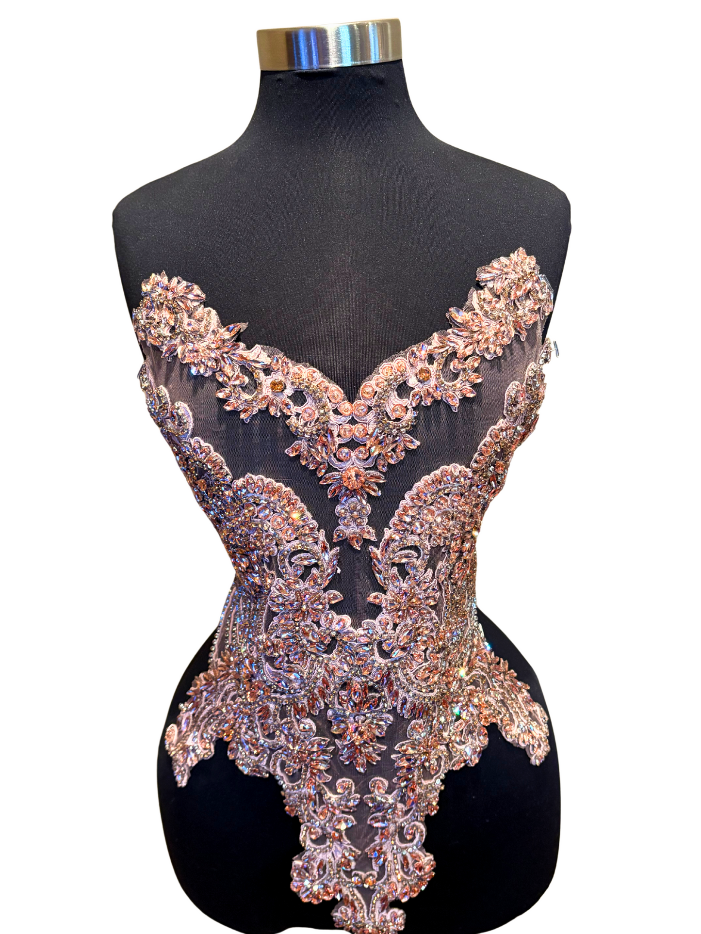 Rose Gold Handmade rhinestone bodice appliqué with intricate beadwork on mannequin.