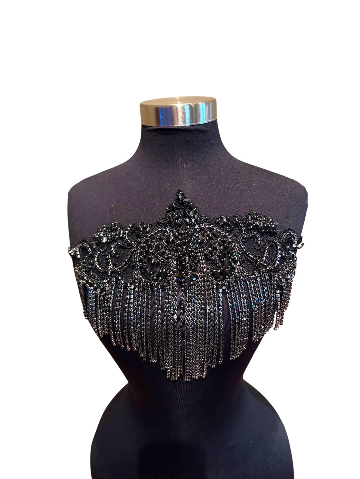 Rhinestone fringe applique on mannequin with chain fringe and sparkling rhinestones.
