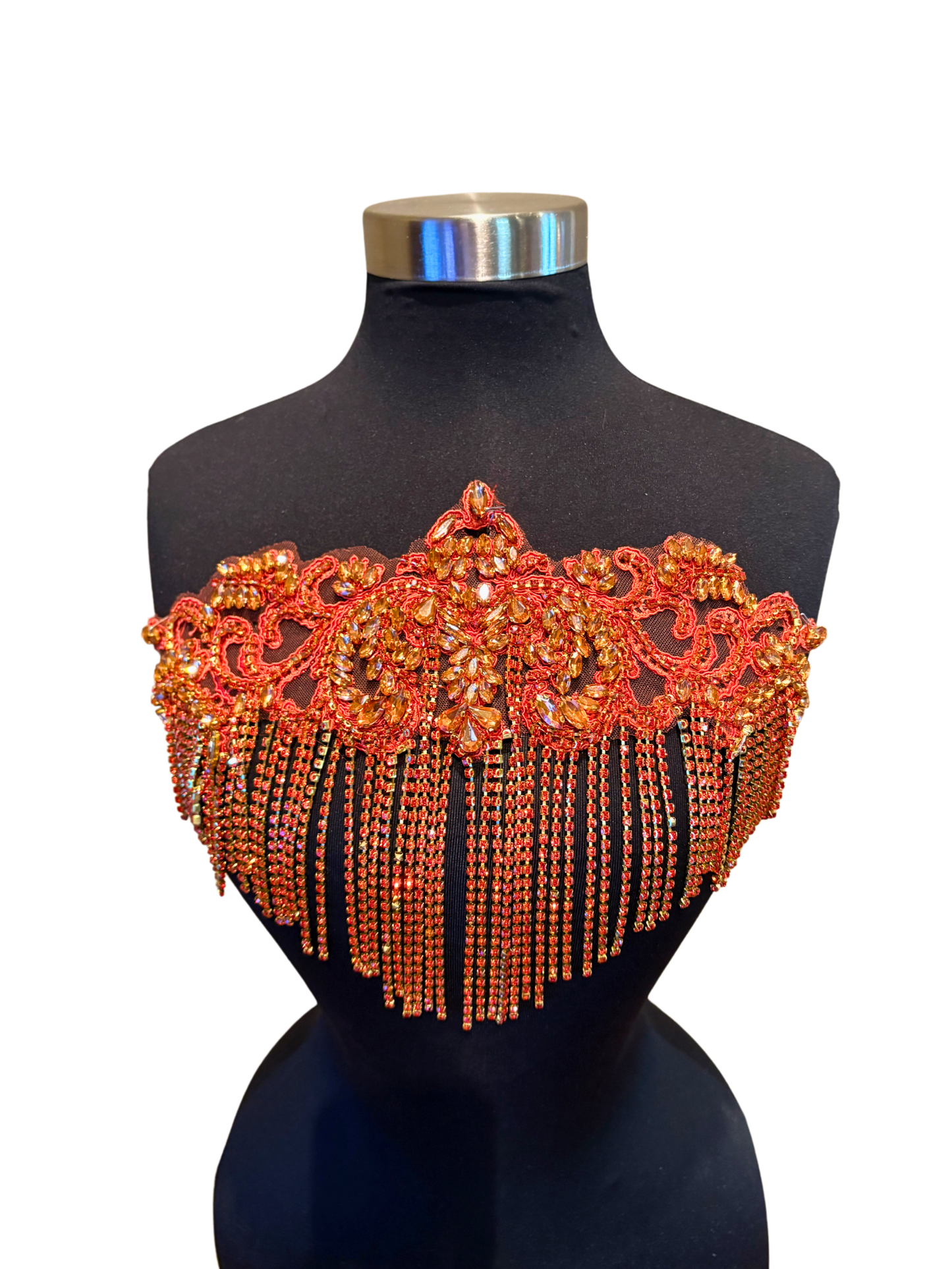 Handmade rhinestone fringe applique with chain fringe on display mannequin.