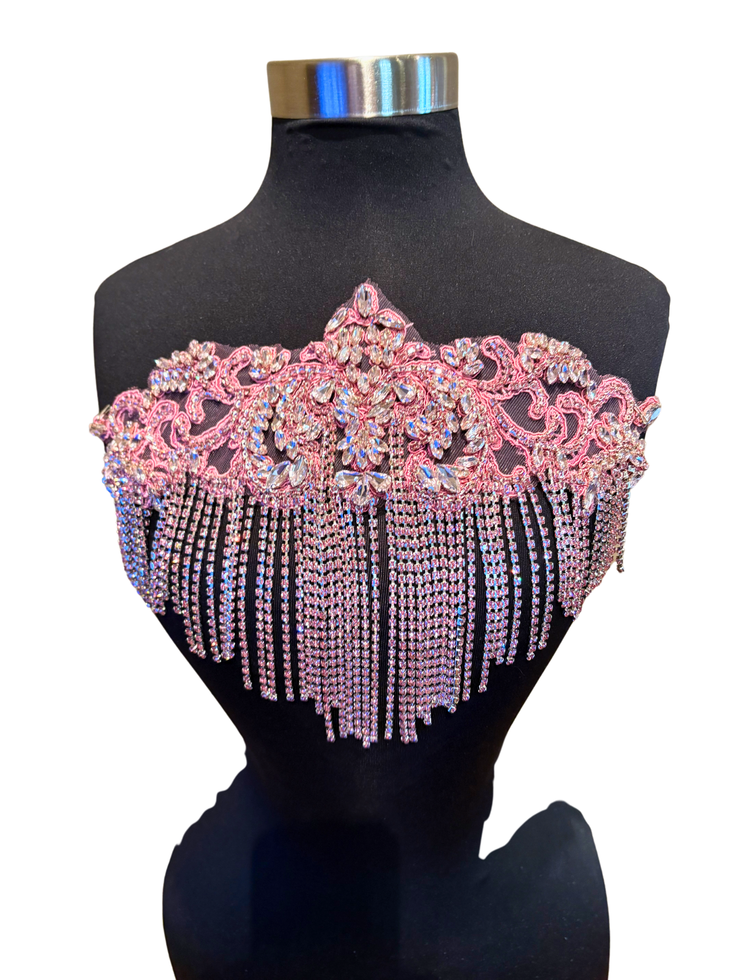 Rhinestone fringe applique with chain fringe on display mannequin.