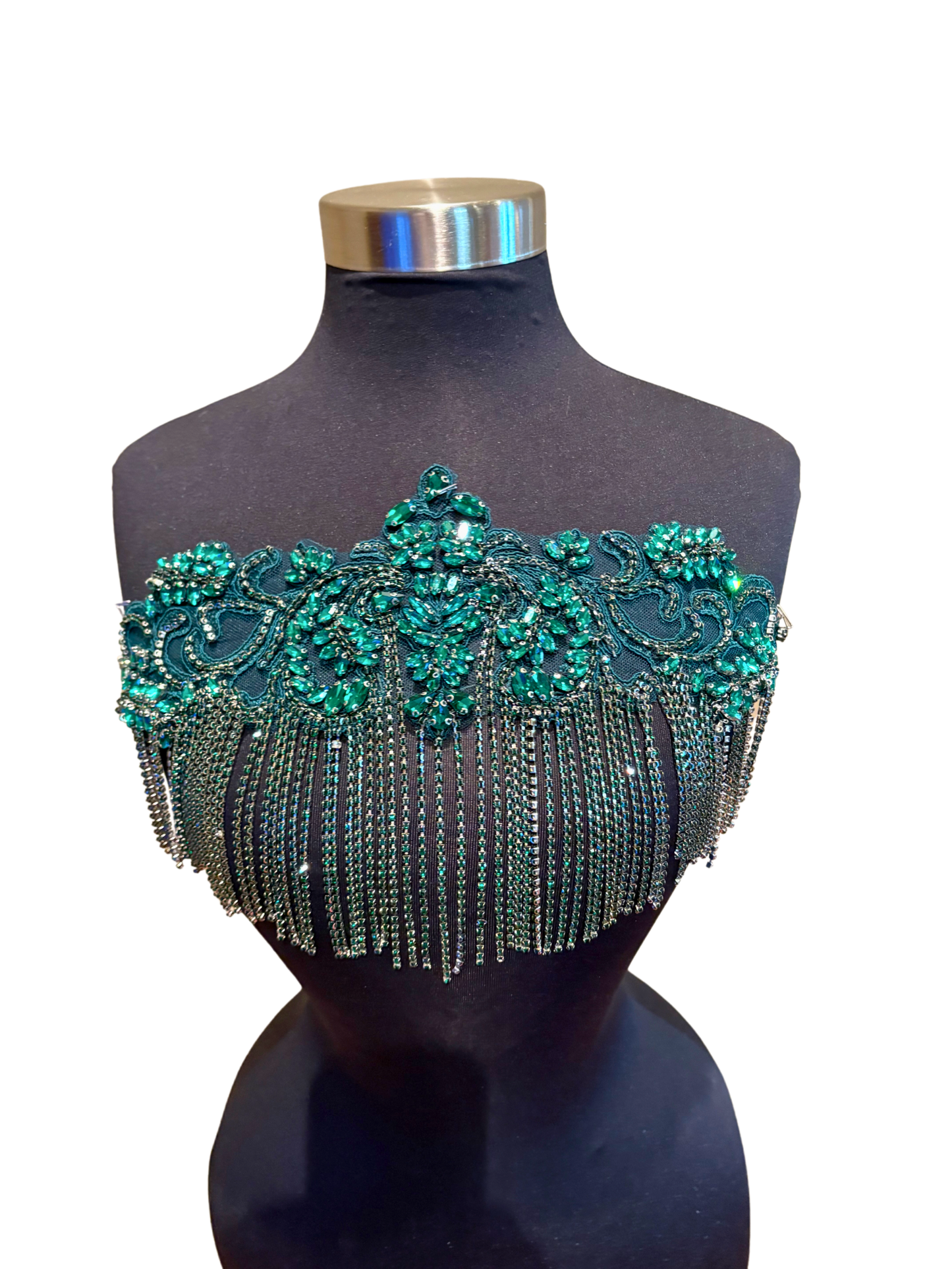 Handmade rhinestone fringe applique with chain fringe on mannequin.