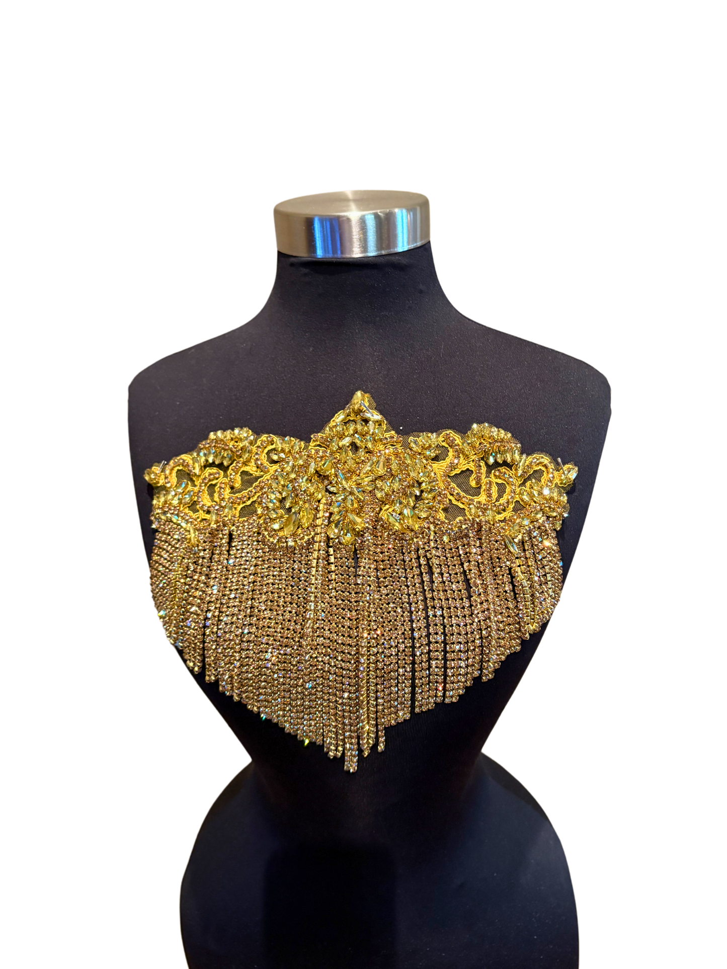 Rhinestone Fringe Applique with chain fringe on black mannequin.
