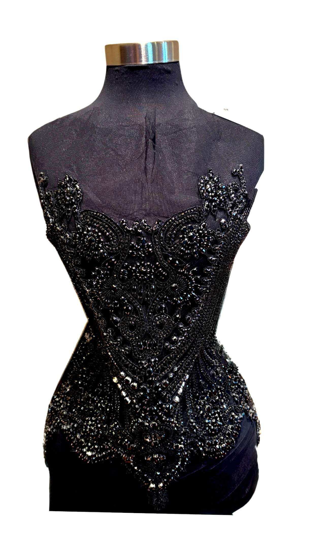 Glass Beaded and Rhinestone Applique Bodice on a black mannequin showcasing intricate beadwork and sparkle.