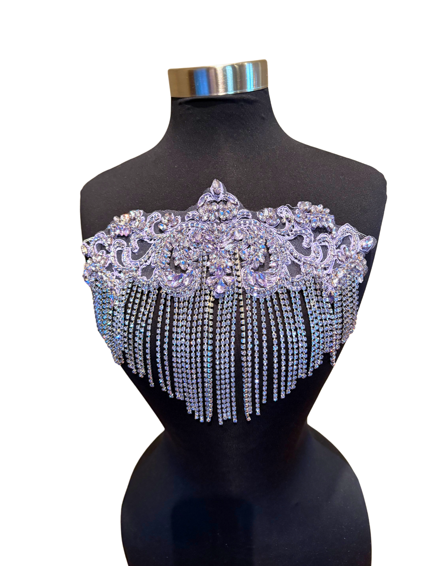Handmade rhinestone fringe applique with chain fringe displayed on a mannequin.