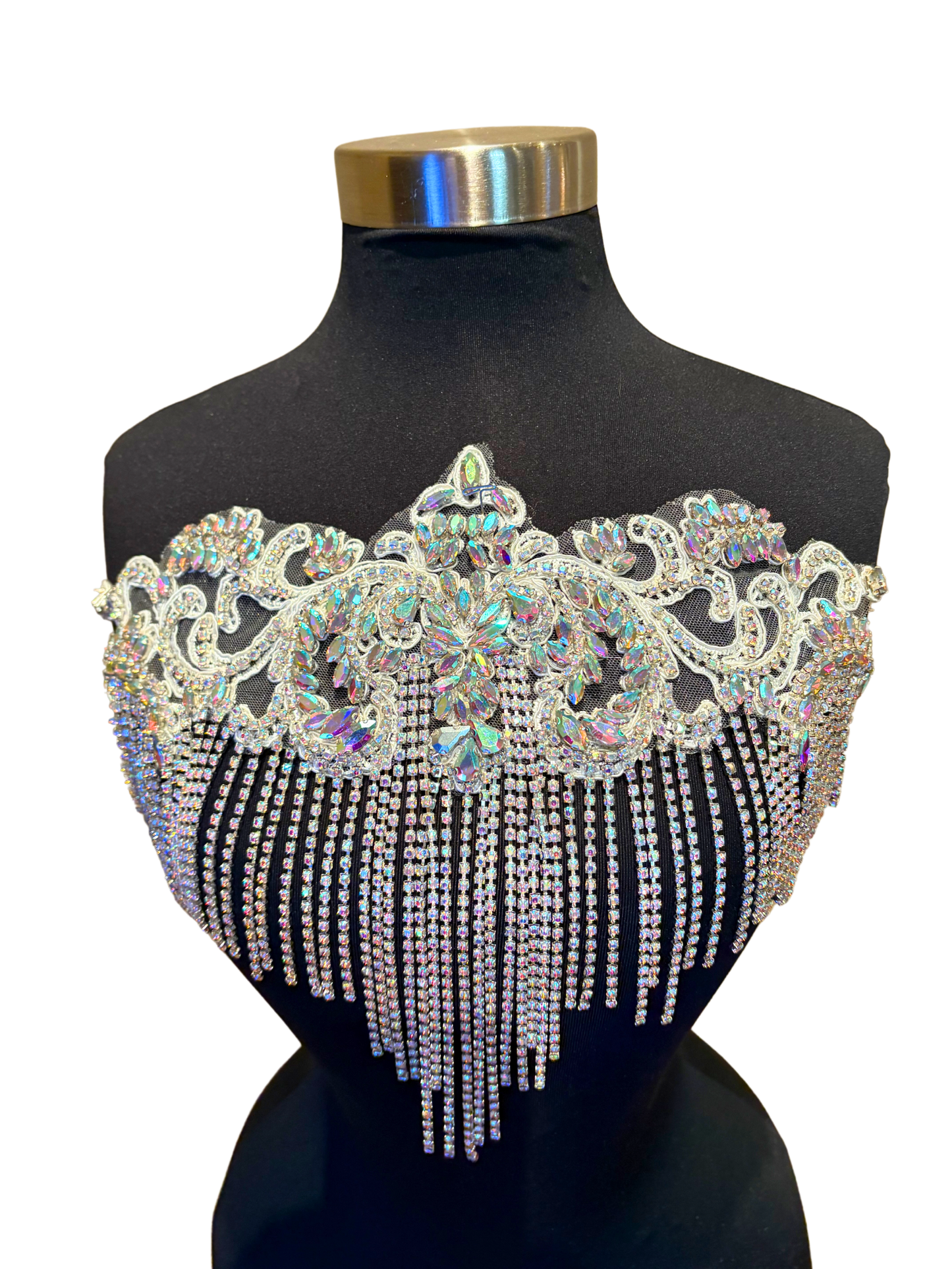 Handmade rhinestone fringe applique with chain fringe on mannequin.