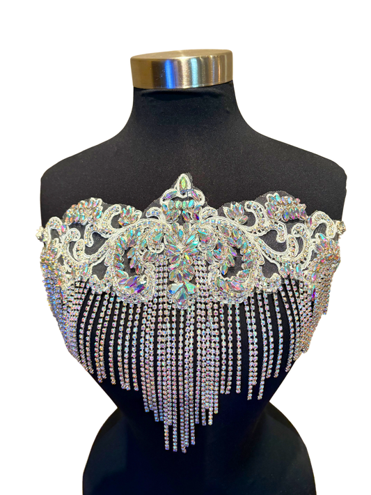 Handmade rhinestone fringe applique with chain fringe on mannequin.