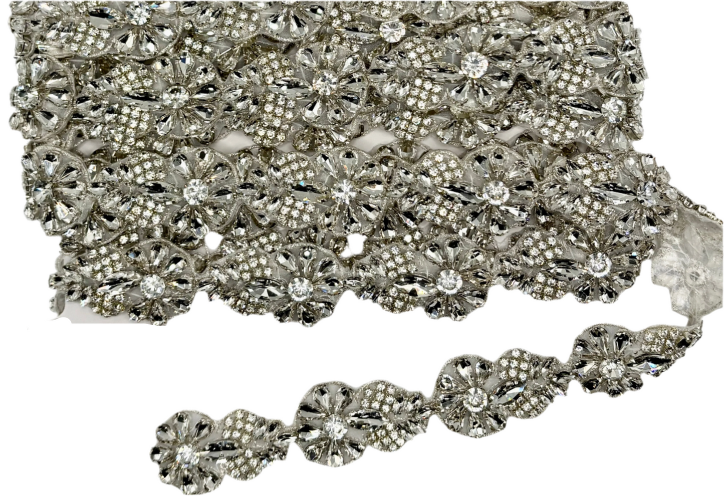 "Brilliant Rose" handmade rhinestone trim yardage close-up, featuring handmade floral design.