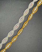 Rhinestone and beaded yardage with ovals, available in AB/Silver and AB/Gold combinations.