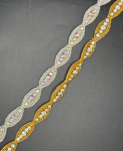 Rhinestone and beaded yardage with ovals, available in AB/Silver and AB/Gold combinations.