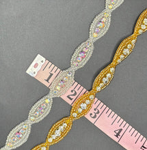 Rhinestone and beaded yardage in AB/Silver and AB/Gold options displayed with measuring tape.
