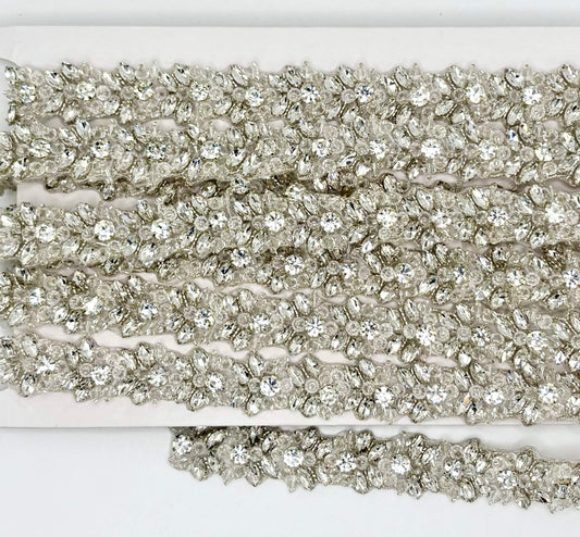 Handmade rhinestone and glass bead yardage, 3/4 inch wide; perfect for embellishments.