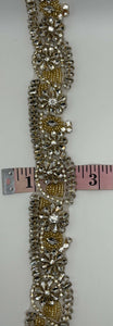 "Genesis" Handmade Rhinestone TrimYardage with clear and gold details, approximately 1 3/4" wide, handmade design.
