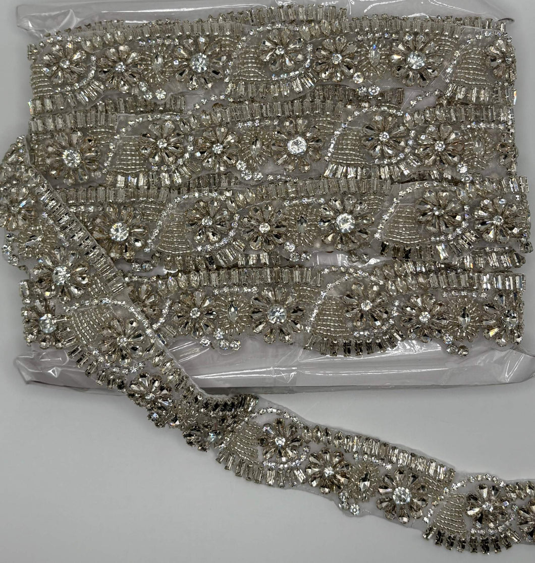 Handmade Rhinestone Trim Yardage in clear and gold, approximately 1 3/4