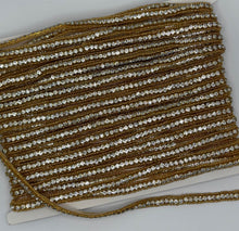Beaded and rhinestone yardage with small handmade beads, approximately 3/8" wide.