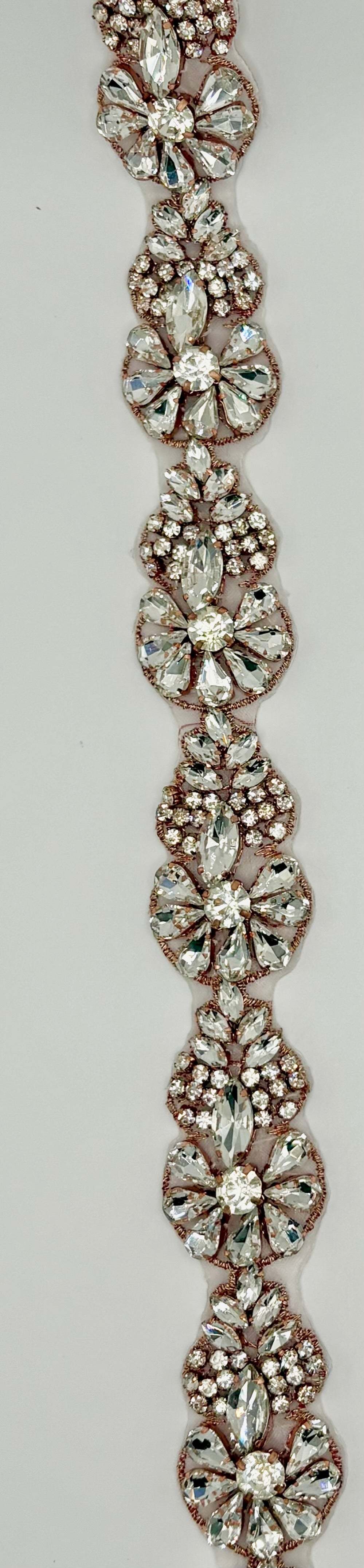 "Brilliant Rose" handmade rhinestone trim yardage, intricately handmade, approximately 1 1/8" wide.