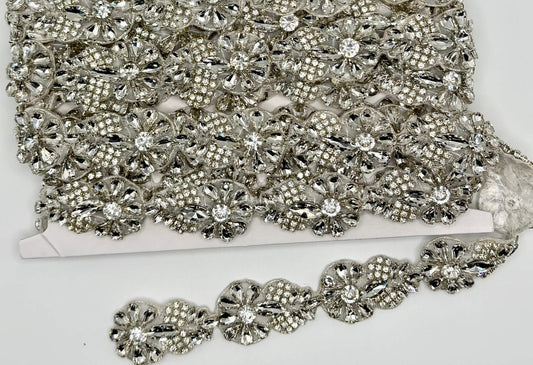 "Brilliant Rose" handmade rhinestone trim yardage with floral design.