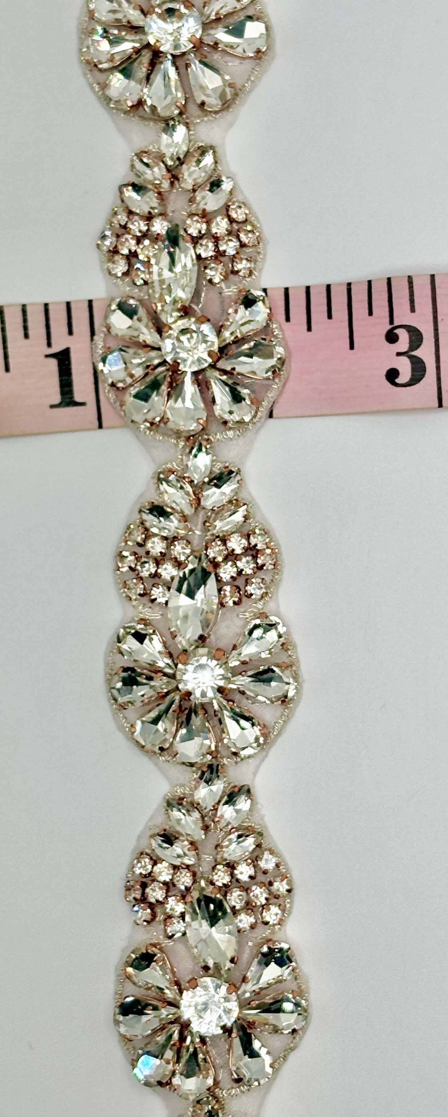 "Brilliant Rose" handmade rhinestone trim yardage, approximately 1 1/8" wide.