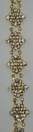 Tiny rhinestone cluster yardage, clear rhinestones on gold, 1-inch width.