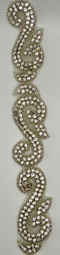 Rhinestone Scroll Yardage in clear rhinestones with silver detailing, 1 1/2
