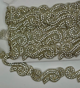 Rhinestone scroll yardage, clear rhinestones with scroll design, 1 1/2" width.
