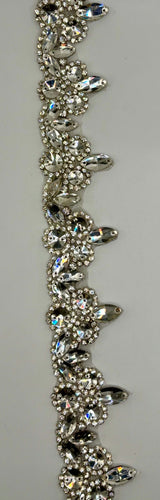 Zaza Rhinestone Cluster yardage with clear crystal rhinestones, 1 1/2 inches wide, handmade decorative trim.