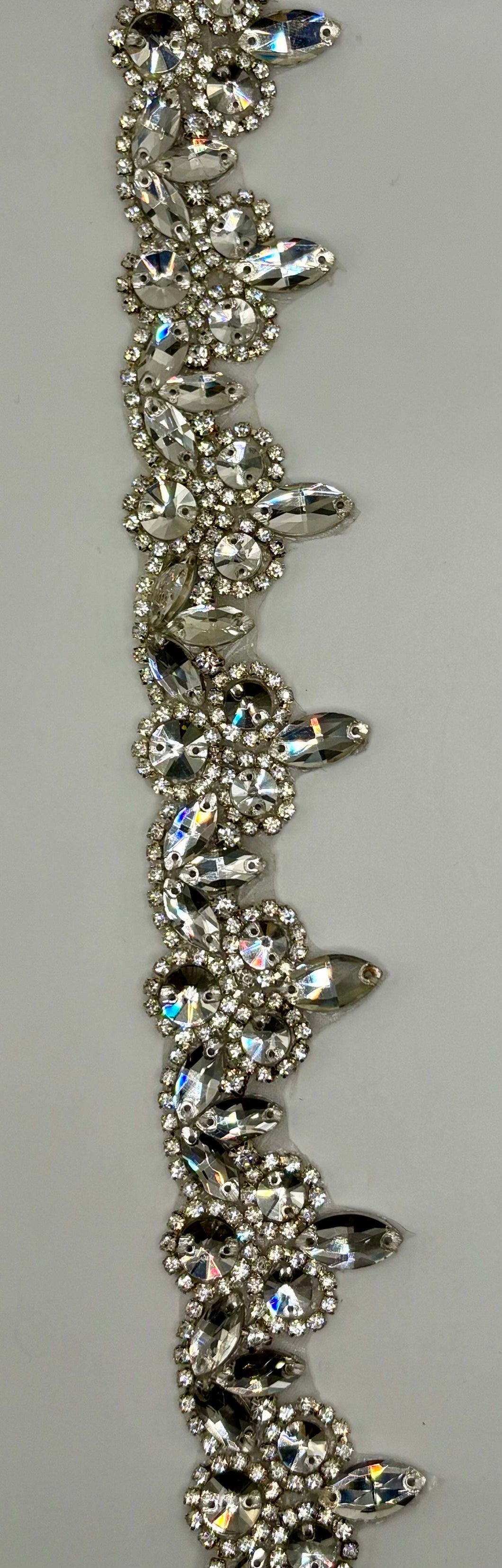 Zaza Rhinestone Cluster yardage with clear crystal rhinestones, 1 1/2 inches wide, handmade decorative trim.