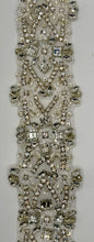 "Rapuzel" Yardage with clear rhinestones, silver back, and beads, 2 3/4" wide.