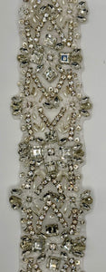 "Rapuzel" Yardage with clear rhinestones, silver back, and beads, 2 3/4" wide.