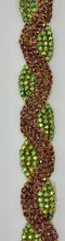 Handmade rhinestone yardage with glass beads, purple and green, 3/4 inch wide.