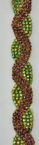 Handmade rhinestone yardage with glass beads, purple and green, 3/4 inch wide.