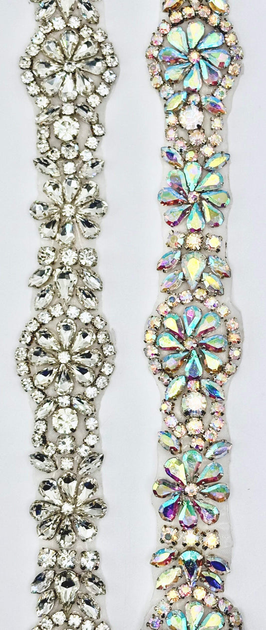 Handmade "Bella" Rhinestone Yardage on silver setting, 1 1/4" wide.