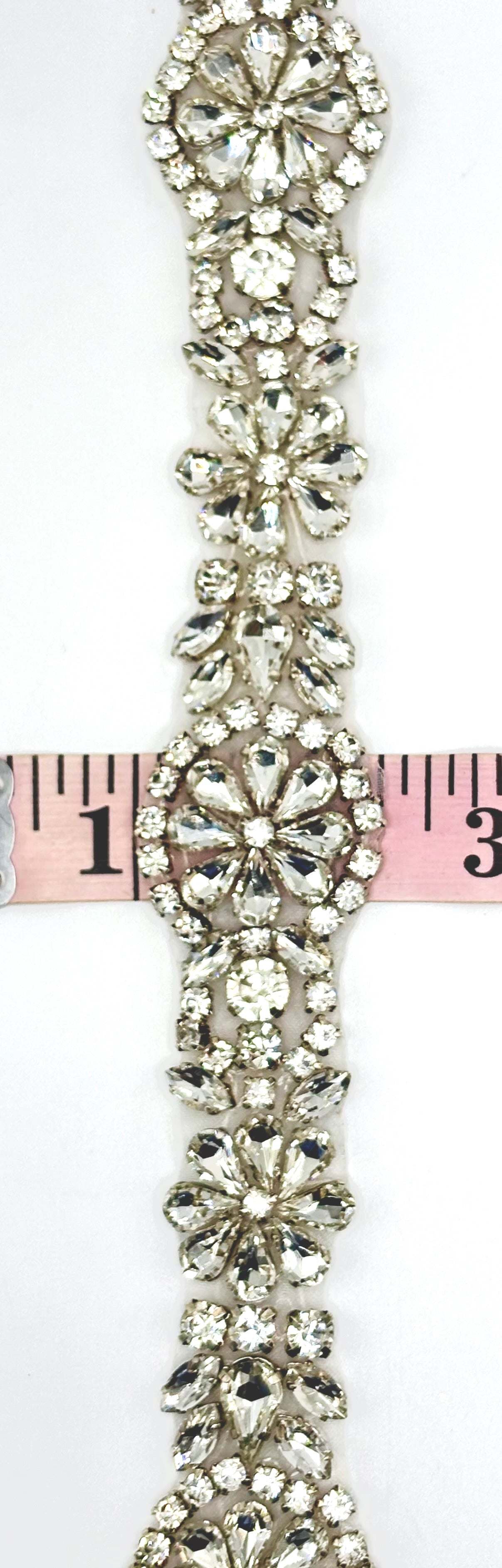 Handmade "Bella" Rhinestone Yardage on silver setting, approximately 1 1/4 inches wide.