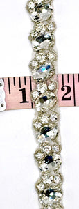 Annah Rhinestone Yardage with clear rhinestones on silver trim, approximately 1/2 inch wide.