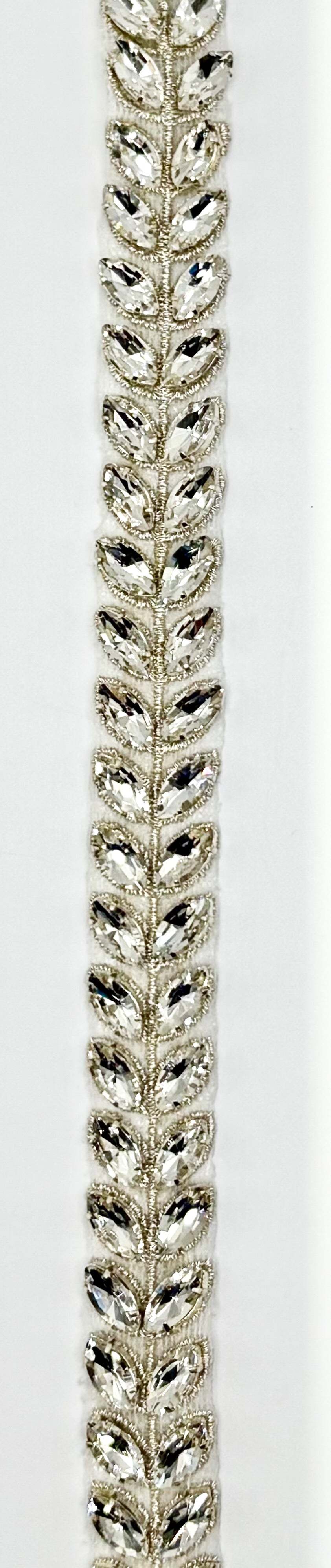 Ellah Yardage handmade rhinestone trim on silver setting, approximately 5/8 inch wide.