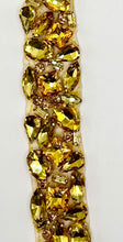 Handmade rhinestone multi-stone yardage in gold, 1 inch wide, for decoration and embellishment.