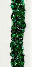 Handmade multi-stone yardage with green rhinestones, 1 inch wide.