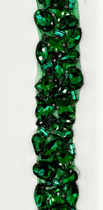 Handmade multi-stone yardage with green rhinestones, 1 inch wide.