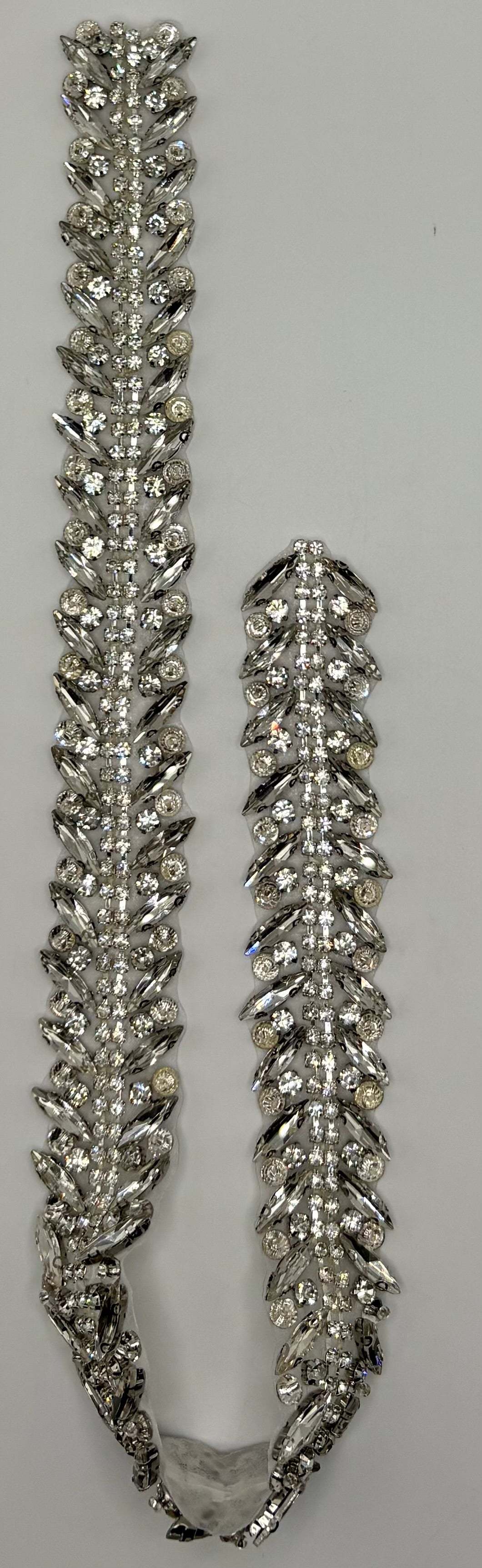 Handmade clear rhinestone bridal belt on silver, approximately 17.5 inches long.