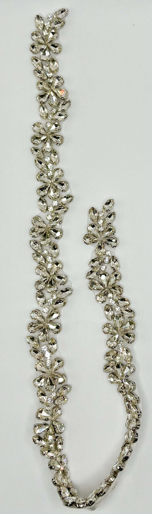 Handmade clear rhinestone bridal belt on silver, approximately 16 inches long.