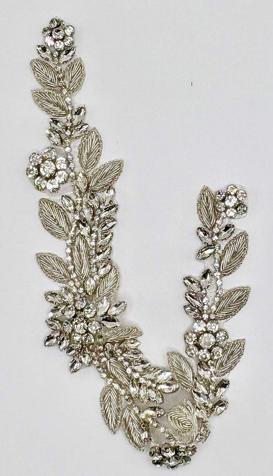 Handmade rhinestone bridal belt with silver bullion threads, intricate floral design.