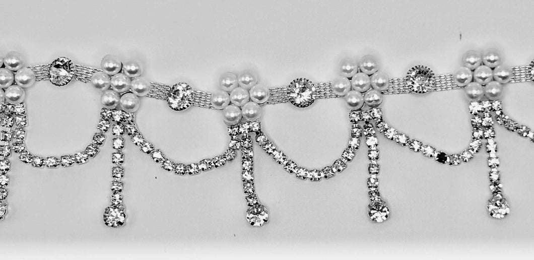 Handmade rhinestone chain yardage with pearls and silver accents.